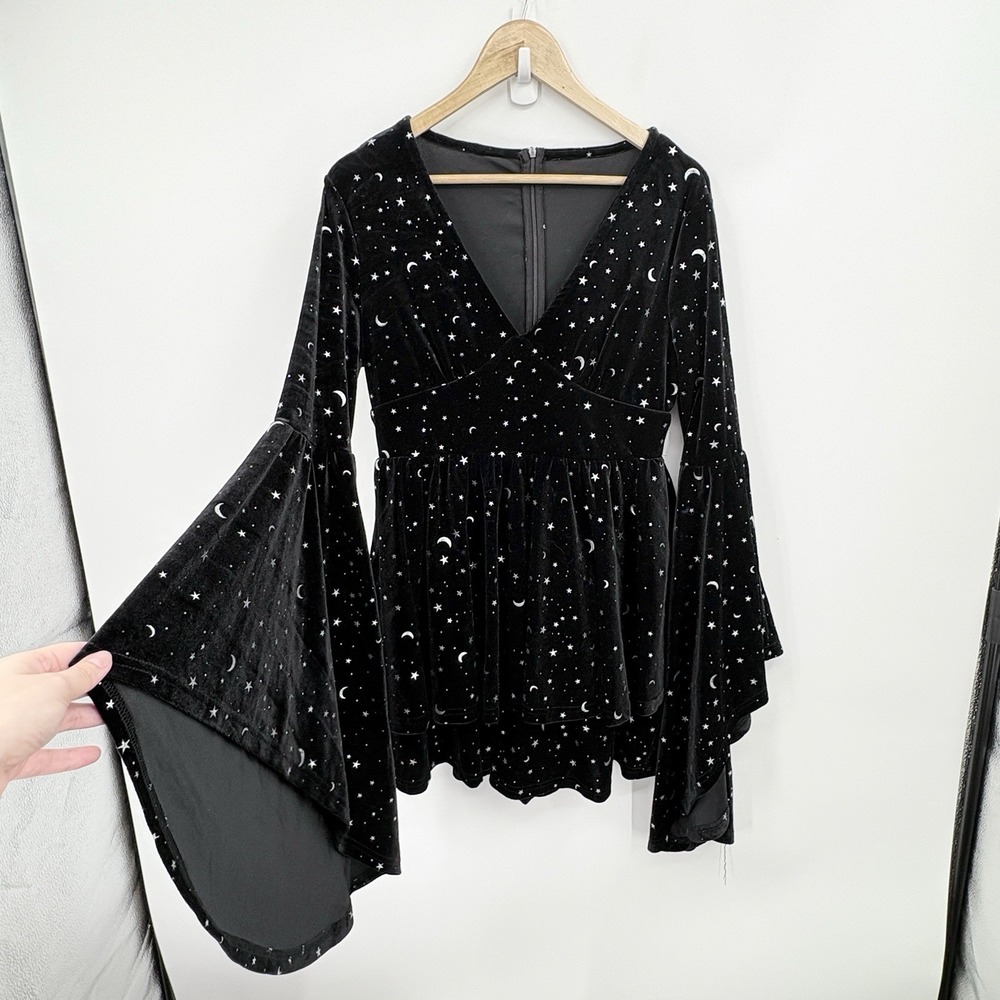 Whimsigoth Velvet Celestial Romper Women Large Bell Sleeve Witchy Babydoll Boho
